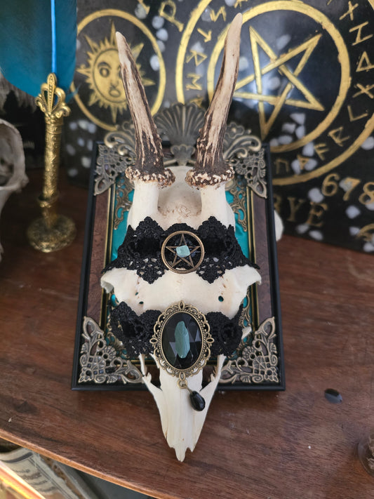 "Velvetum viride" Rahmen mit echtem Geweih und Edelsteinen